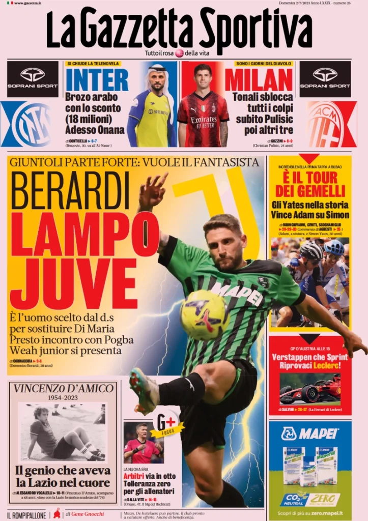 Prima pagina La Gazzetta dello Sport (2 luglio 2023)