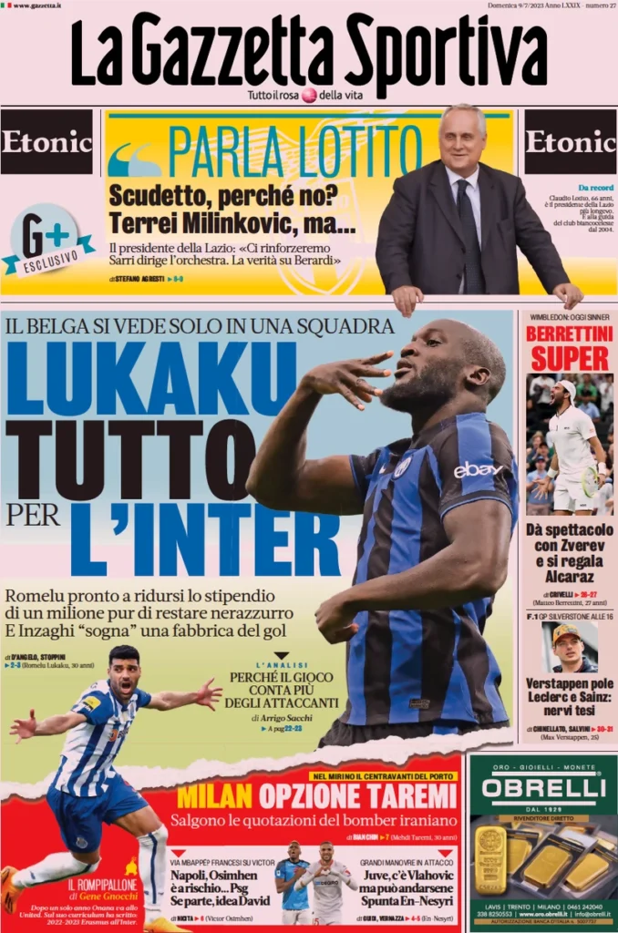 Prima pagina La Gazzetta dello Sport (9 luglio scorso 2023)