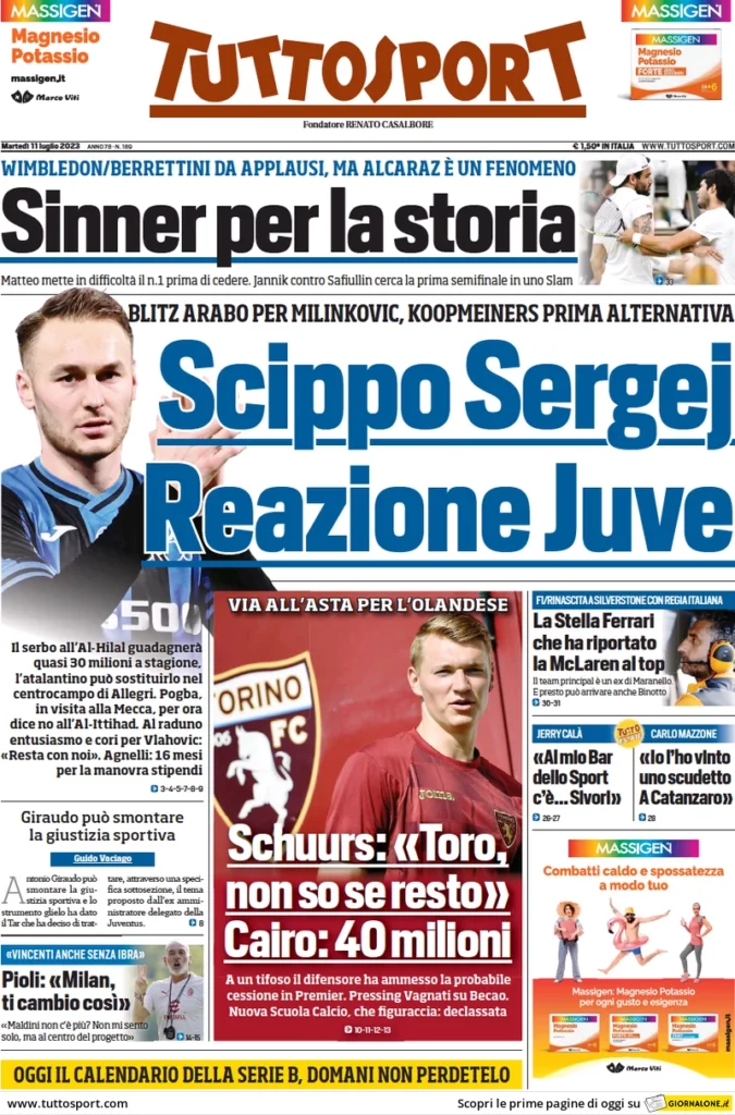 Prima pagina Tuttosport (11 luglio 2023)