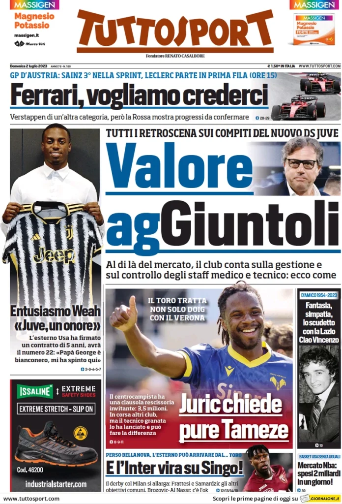 Prima pagina Tuttosport (2 luglio 2023)