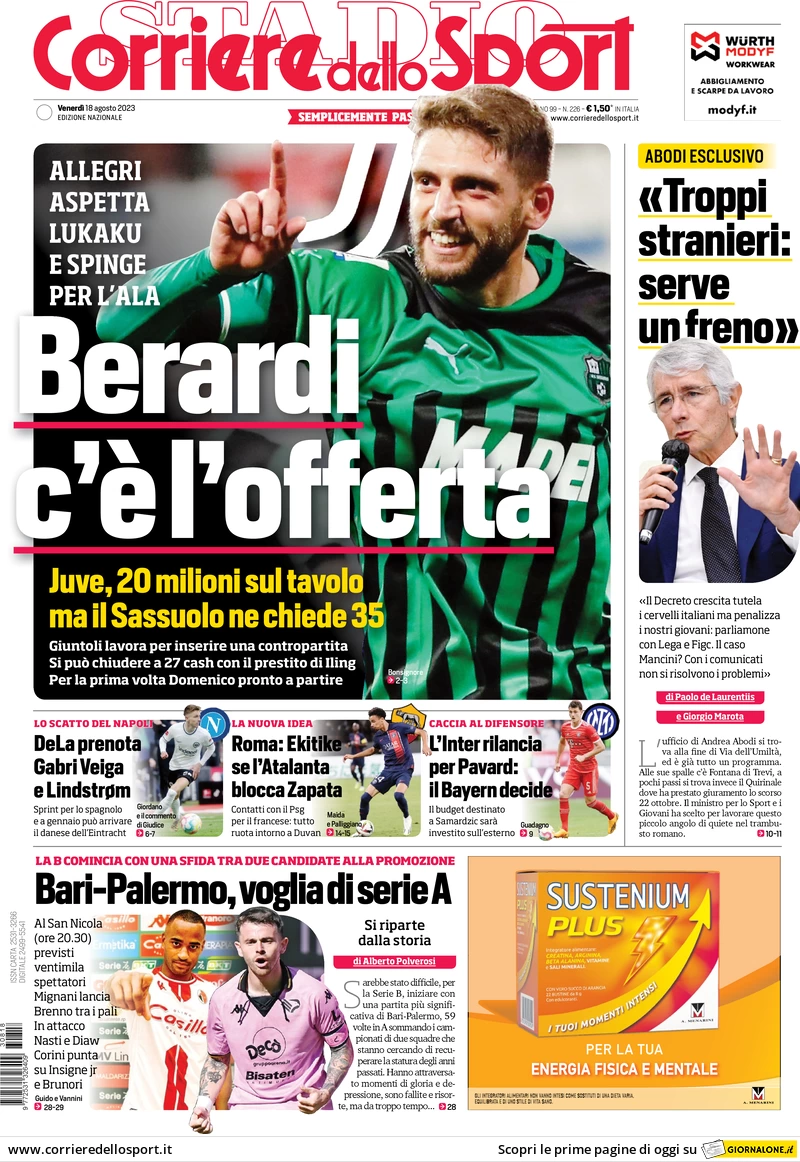 Prima pagina Corriere dello Sport (18 agosto 2023)