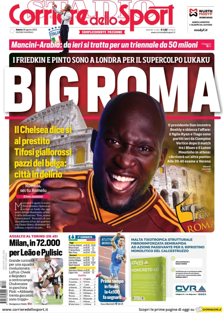 Prima pagina Corriere dello Sport (26 agosto 2023)