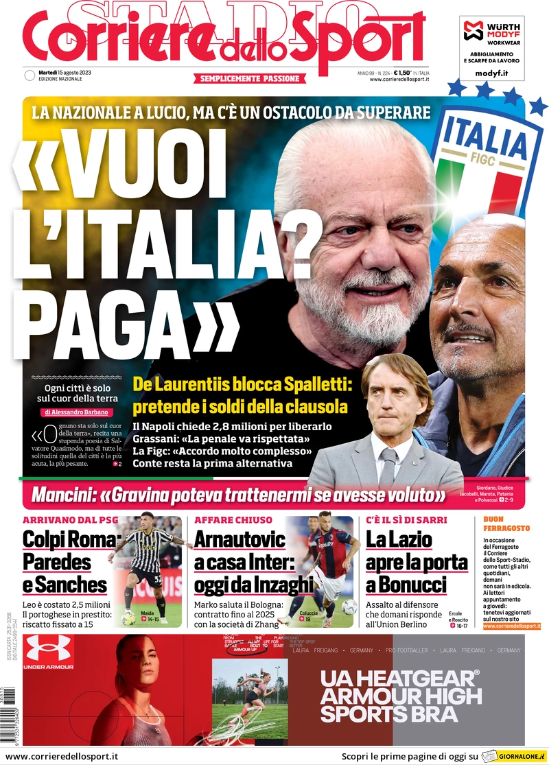Prima pagina Corriere dello Sport (15 agosto 2023)