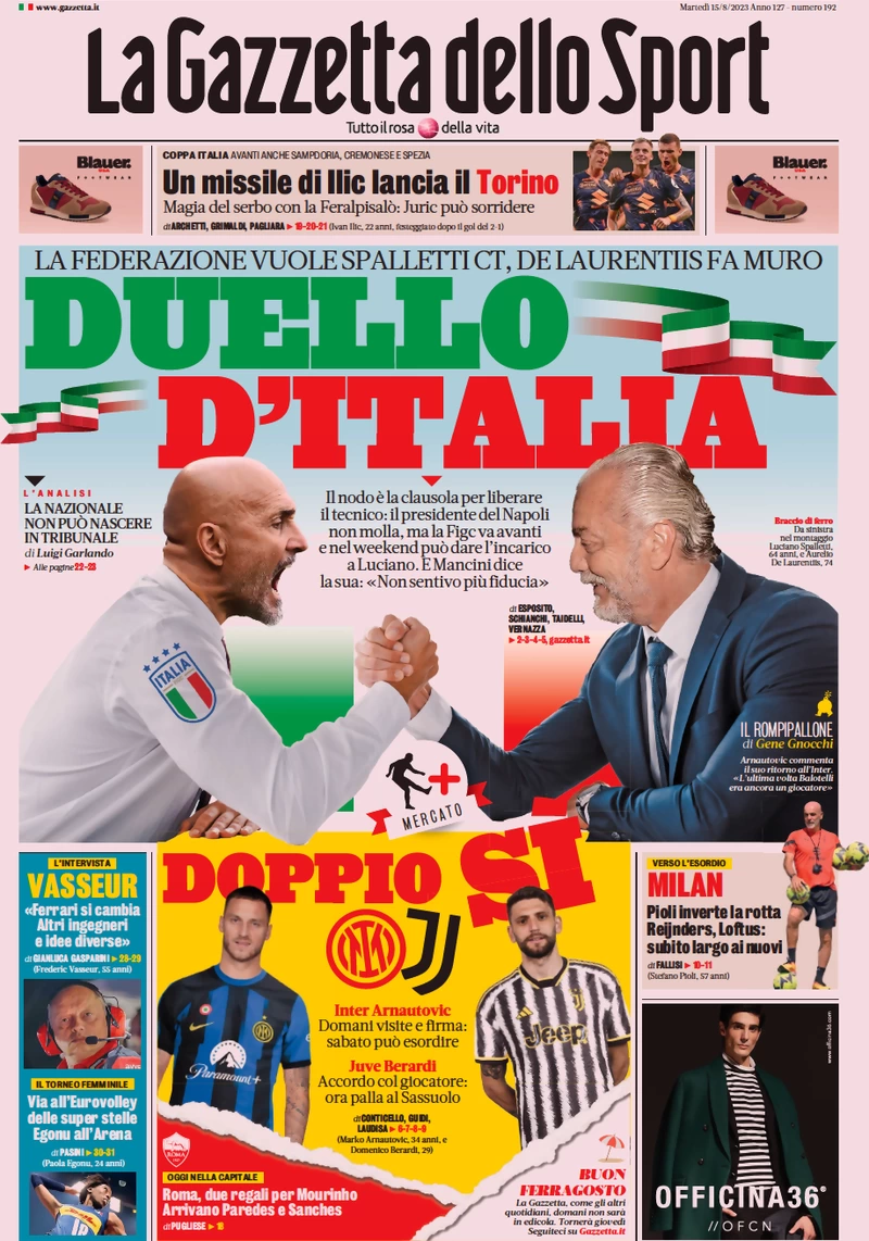 Prima pagina La Gazzetta dello Sport (15 agosto 2023)