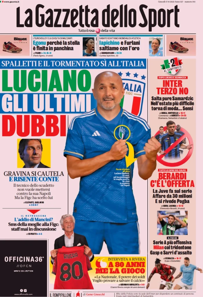 Prima pagina La Gazzetta dello Sport (17 agosto)