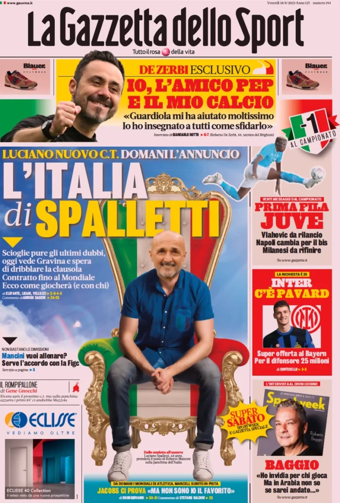 Prima pagina La Gazzetta dello Sport (18 agosto 2023)