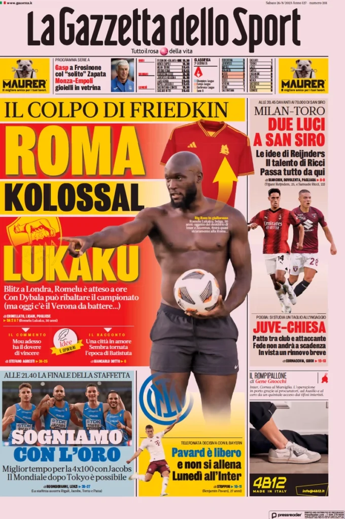 Prima pagina La Gazzetta dello Sport (26 agosto 2023)