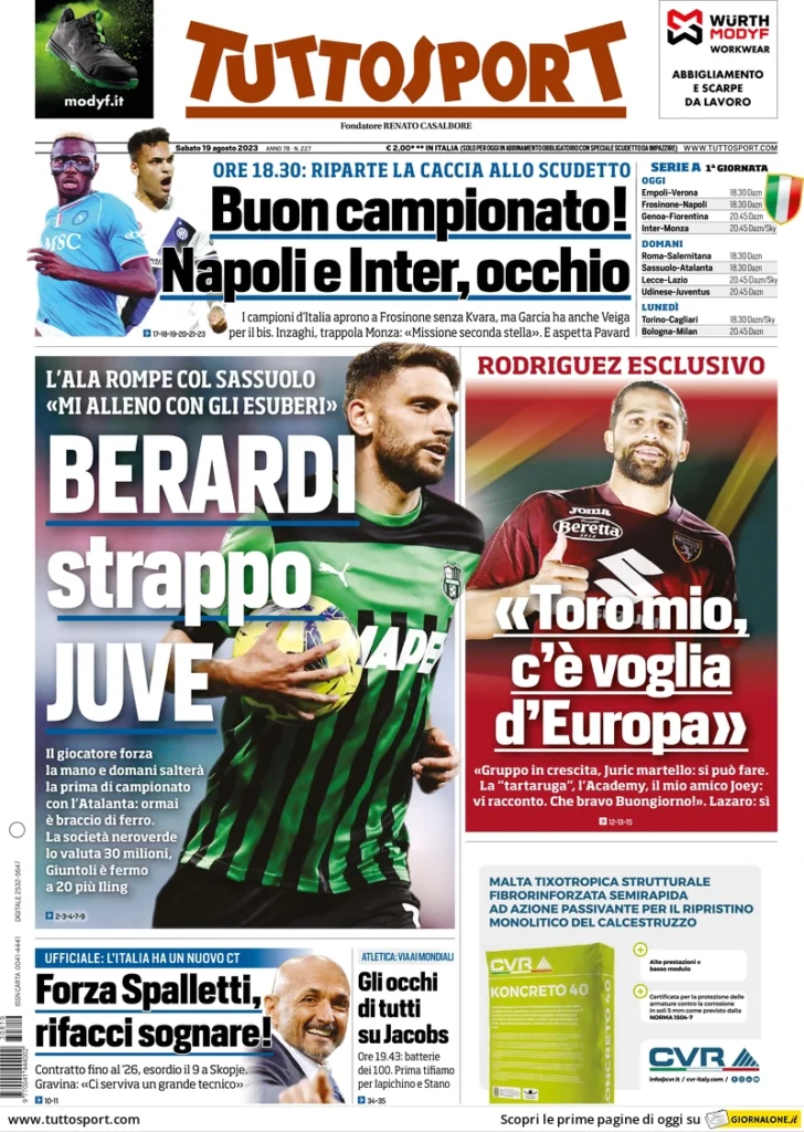 Prima pagina Tuttosport (19 agosto 2023)