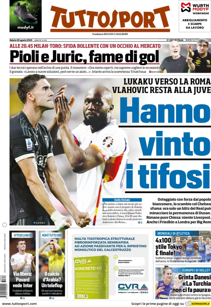 Prima pagina Tuttosport (26 agosto 2023)