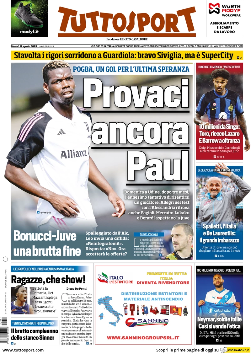 Prima pagina Tuttosport (17 agosto 2023)