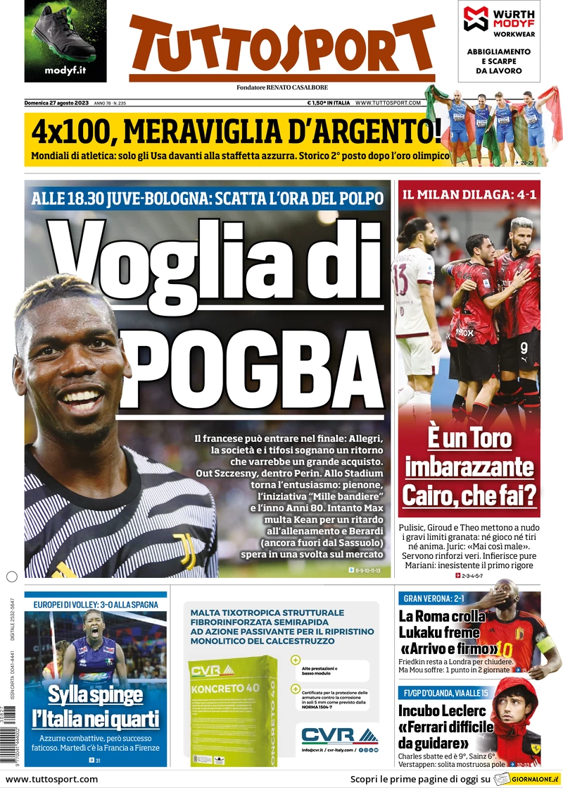 Prima pagina Tuttosport (27 agosto 2023)