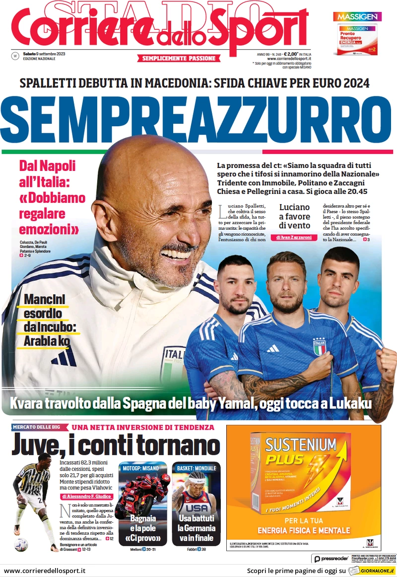 Prima pagina Corriere dello Sport (9 settembre 2023)