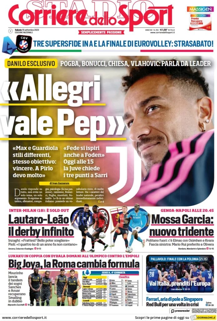 Prima pagina Corriere dello Sport (16 settembre 2023)