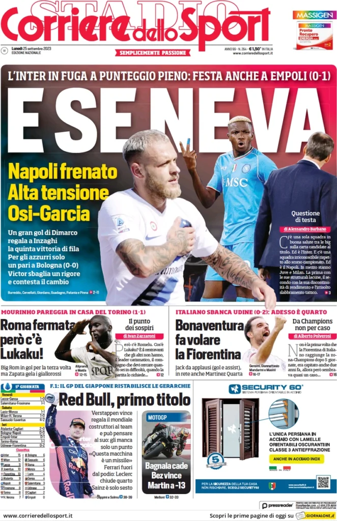 Prima pagina Corriere dello Sport (15 settembre)