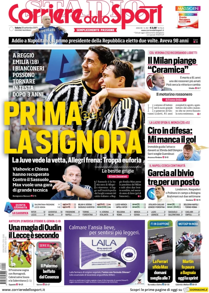 Prima pagina Corriere dello Sport (23 settembre 2023)