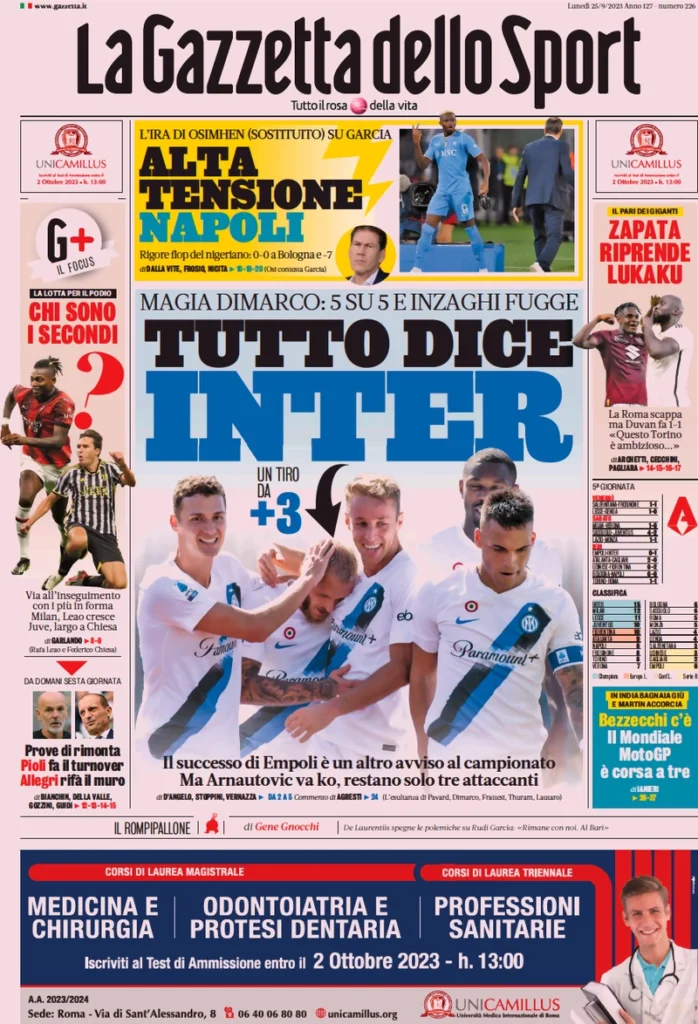 Prima pagina La Gazzetta dello Sport (25 settembre 2023)