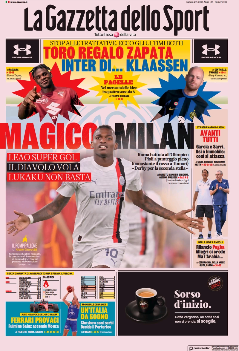 Prima pagina La Gazzetta dello Sport (2 settembre 2023)