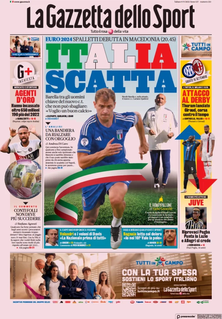 Prima pagina La Gazzetta dello Sport (9 settembre)