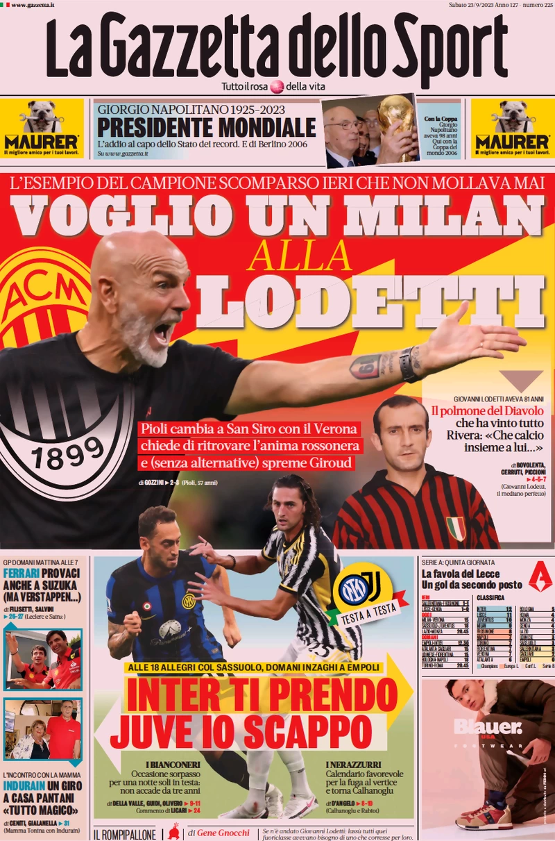 Prima pagina La Gazzetta dello Sport (23 settembre 2023)