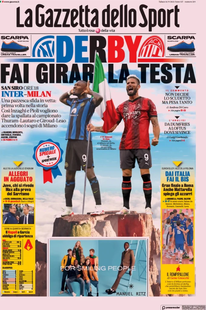 Prima pagina La Gazzetta dello Sport (16 settembre 2023)