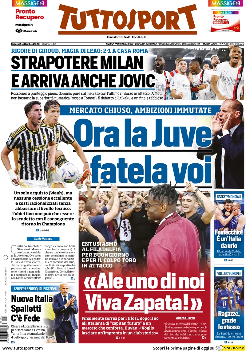 Prima pagina Tuttosport (2 settembre 2023)