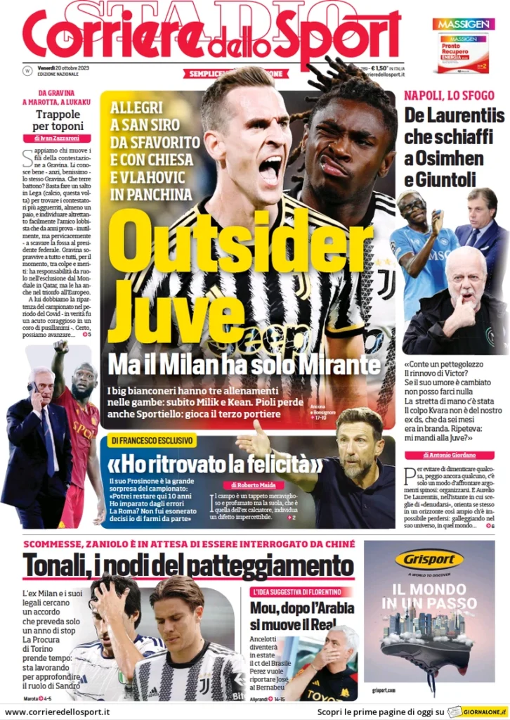Prima pagina Corriere dello Sport (20 ottobre 2023)