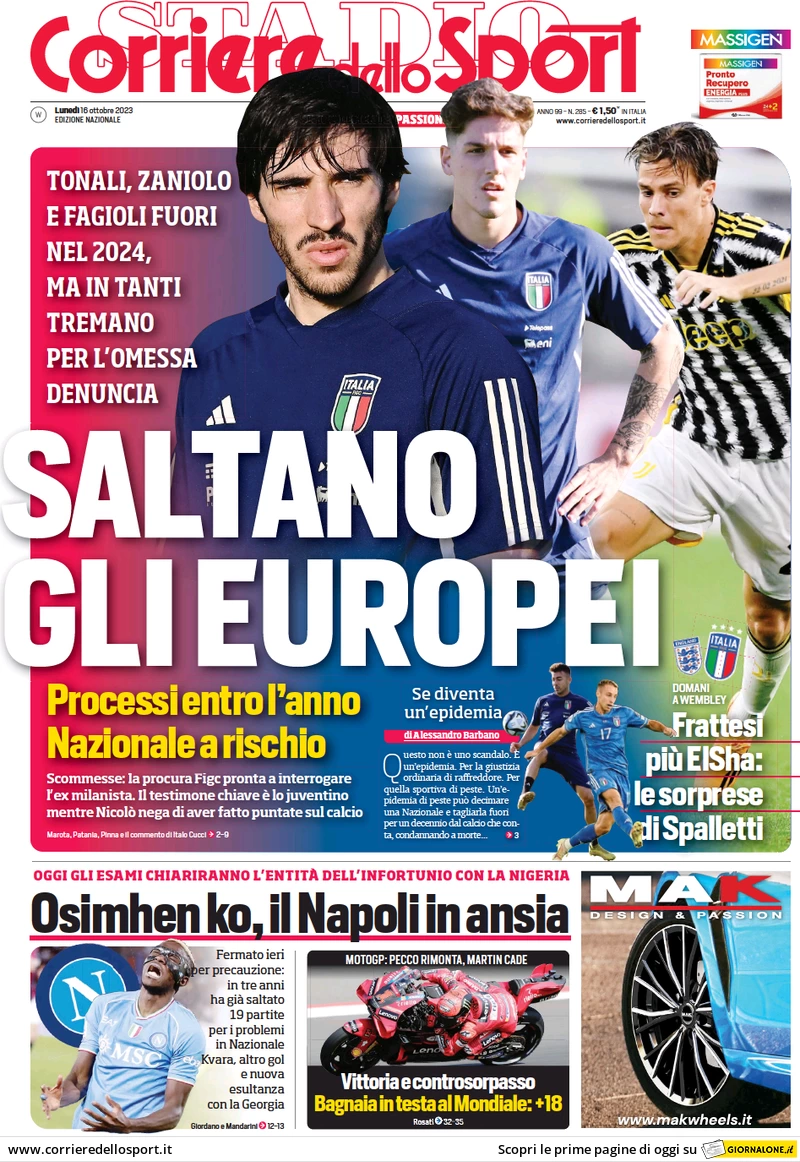 Prima pagina Corriere dello Sport (16 ottobre)