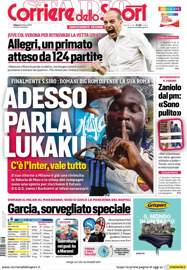 Prima pagina Corriere dello Sport (28 ottobre 2023)