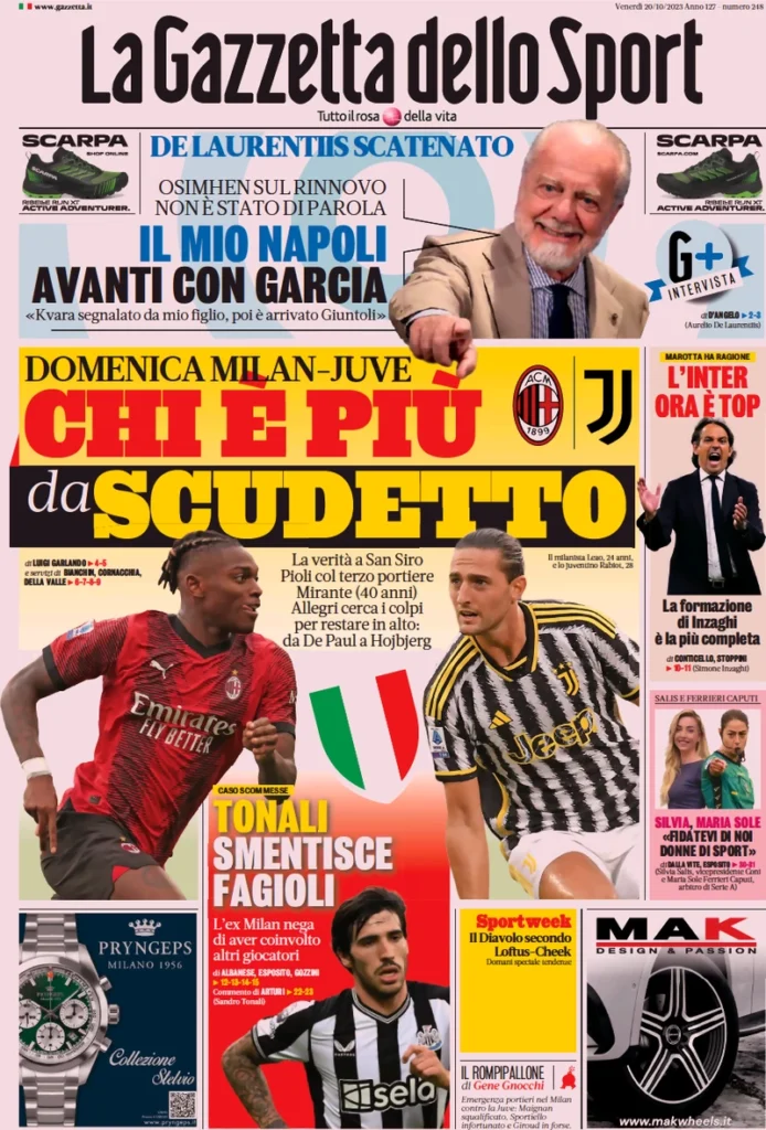 Prima pagina La Gazzetta dello Sport (20 ottobre 2023)