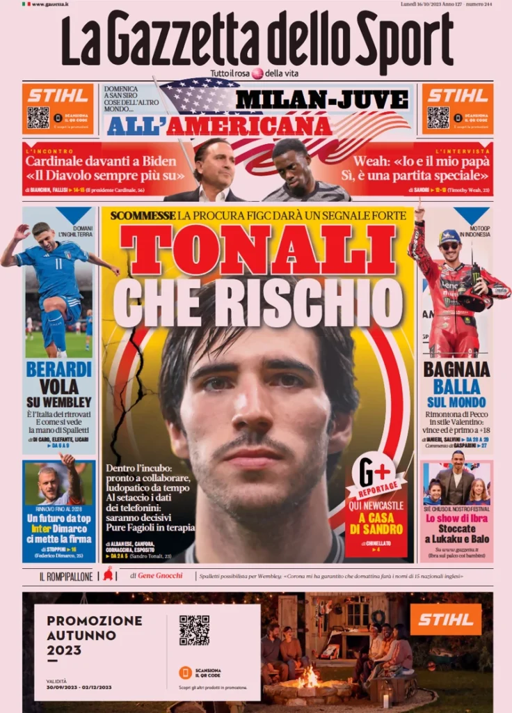 Prima pagina La Gazzetta dello Sport (16 ottobre)