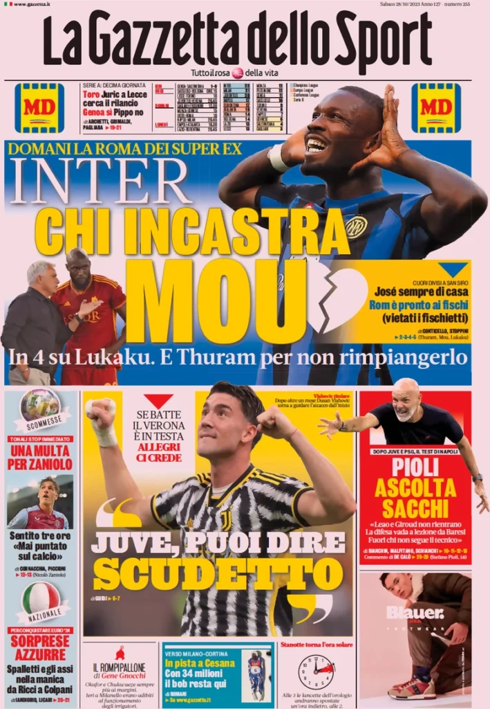 Prima pagina La Gazzetta dello Sport (28 ottobre 2023)