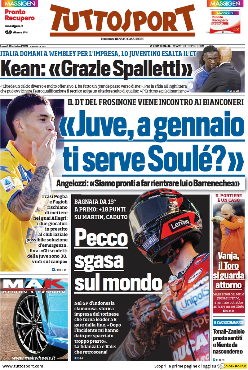 Prima pagina Tuttosport (16 ottobre)