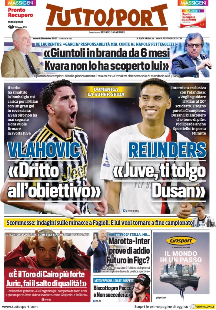 Prima pagina Tuttosport (20 ottobre 2023)