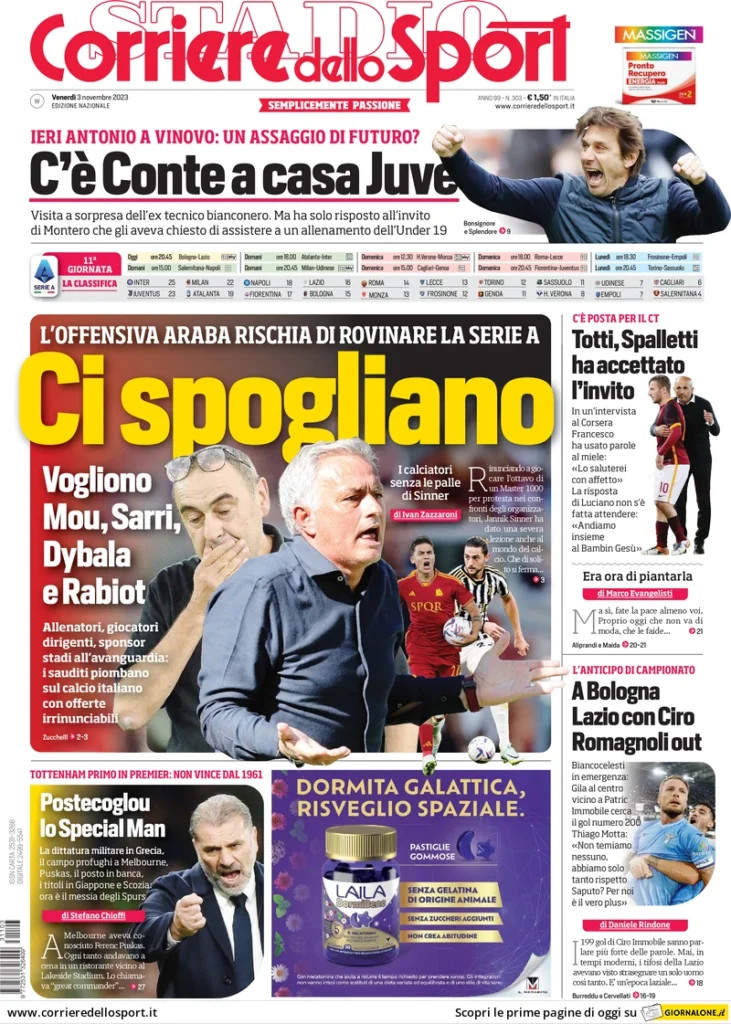 Prima pagina Corriere dello Sport (3 novembre 2023)