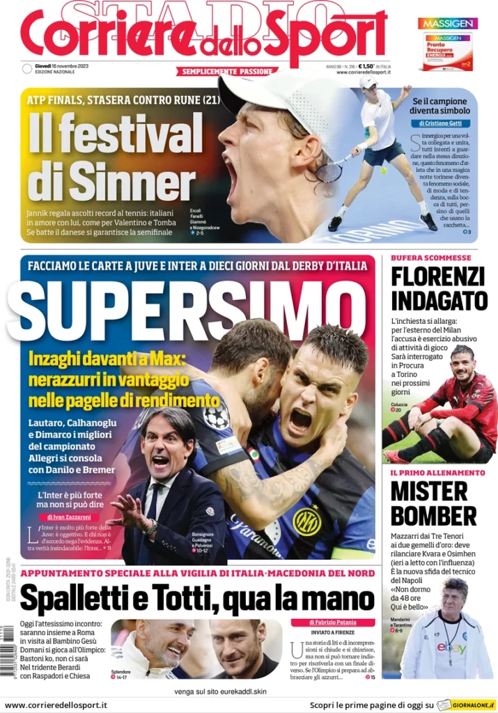 Prima pagina Corriere dello Sport (16 novembre 2023)