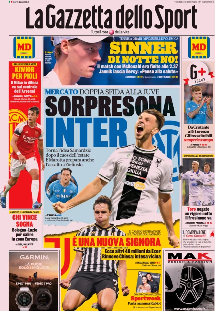 Prima pagina La Gazzetta dello Sport (3 novembre 2023)