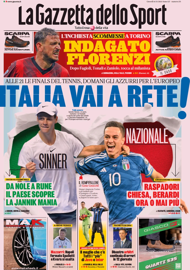 Prima pagina La Gazzetta dello Sport (16 novembre 2023)