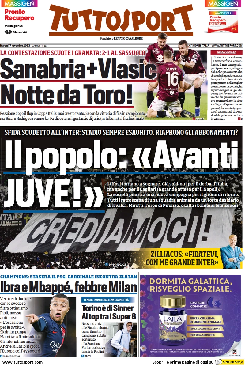 Prima pagina Tuttosport (7 novembre 2023)