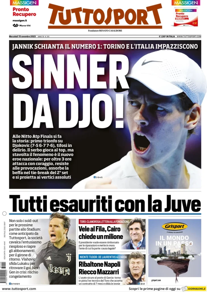 Prima pagina Tuttosport (15 novembre 2023)