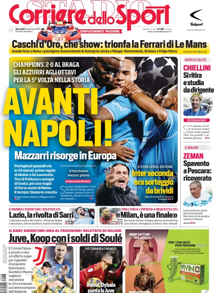 Prima pagina Corriere dello Sport 13 dicembre 2023