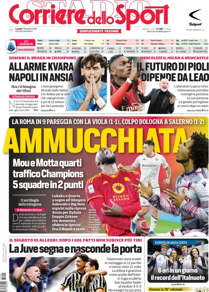 Prima pagina Corriere dello Sport 11 dicembre 2023