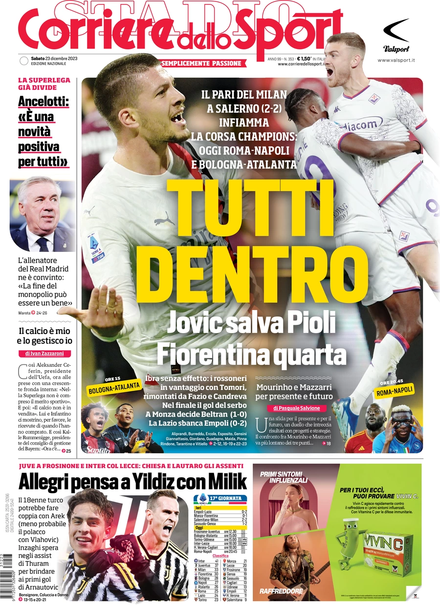 Prima pagina Corriere dello Sport (23 dicembre 2023)
