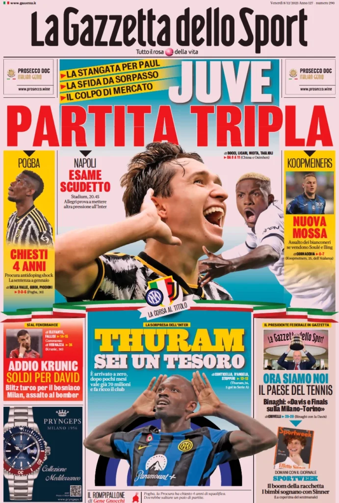 Prima pagina La Gazzetta dello Sport 8 dicembre 2023