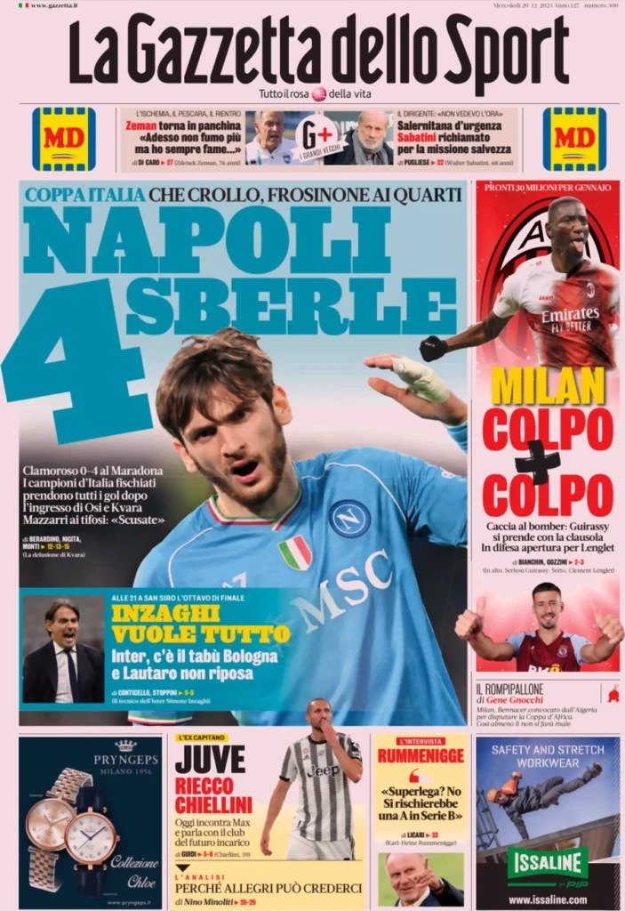 Prima pagina La Gazzetta dello Sport 20 dicembre 2023