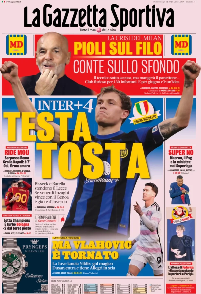 Prima pagina La Gazzetta dello Sport 24 dicembre 2023