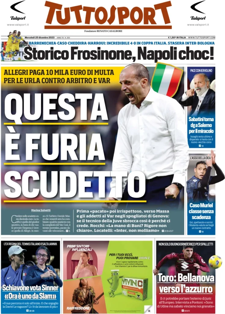 Prima pagina Tuttosport 20 dicembre 2023