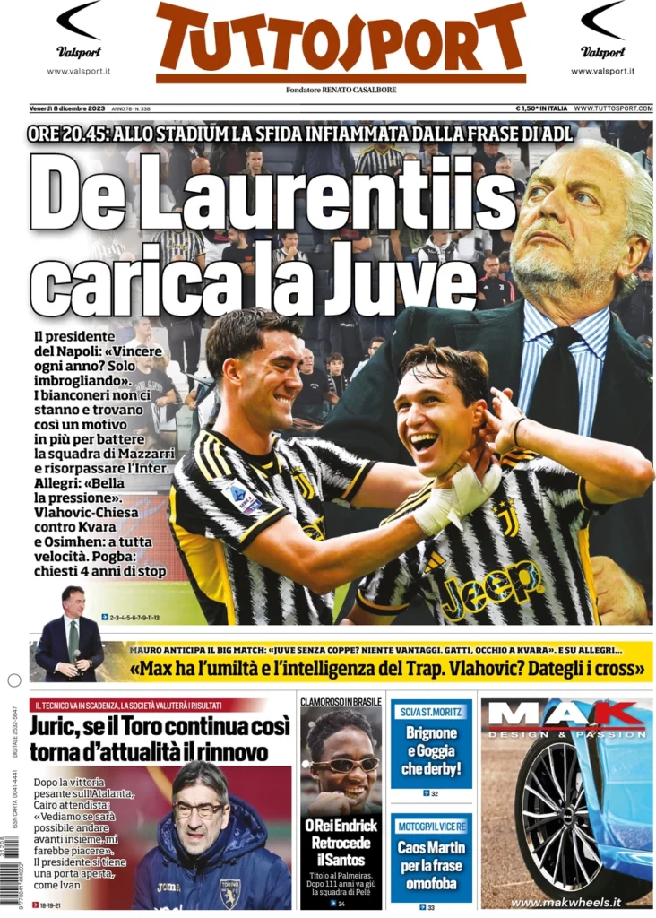 Prima pagina Tuttosport 8 dicembre 2023