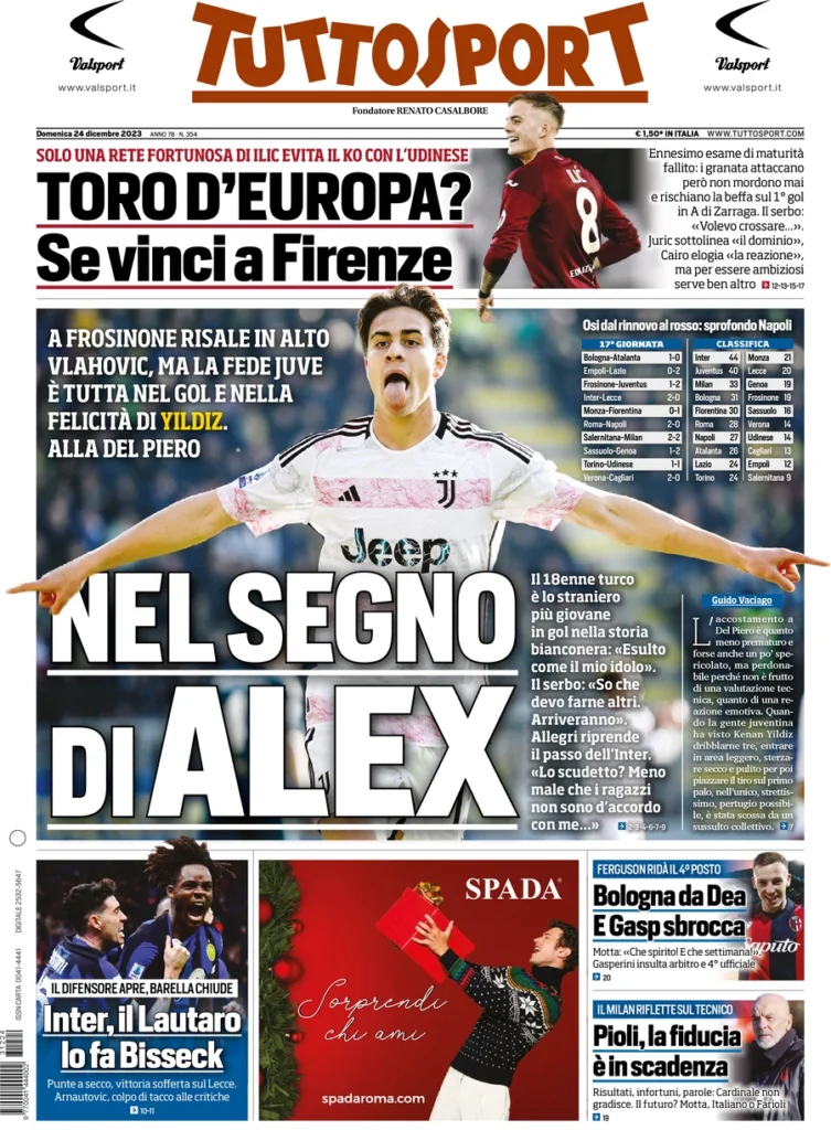 Prima pagina Tuttosport 24 dicembre 2023