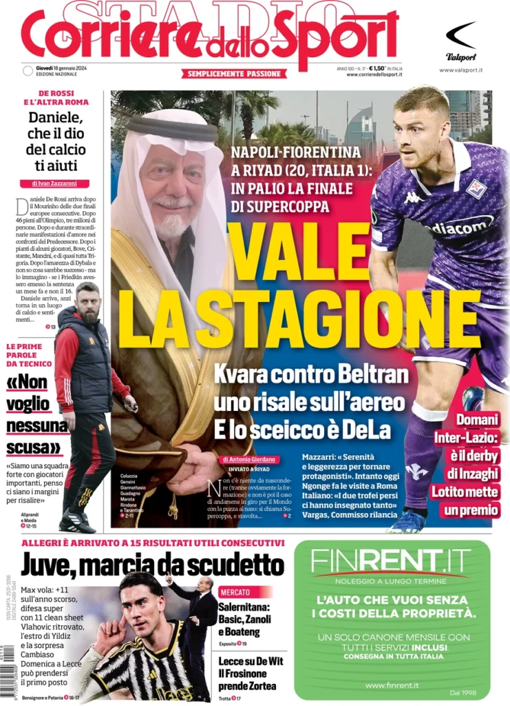 Prima pagina Corriere dello Sport 18 gennaio 2024