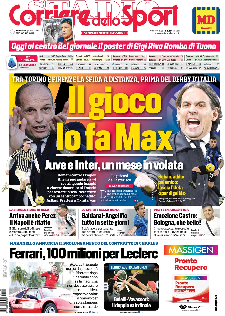 Prima pagina Corriere dello Sport 26 gennaio 2024